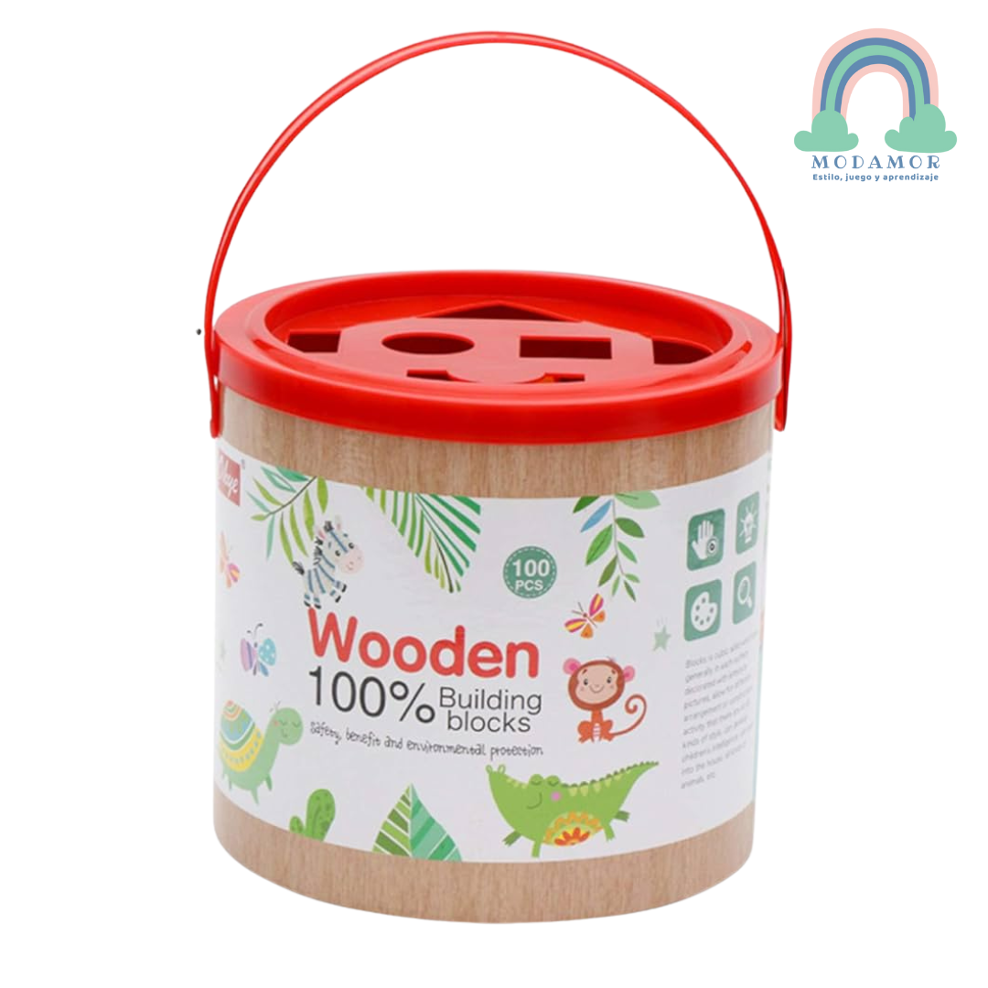 Balde con bloques de madera - 100 Piezas